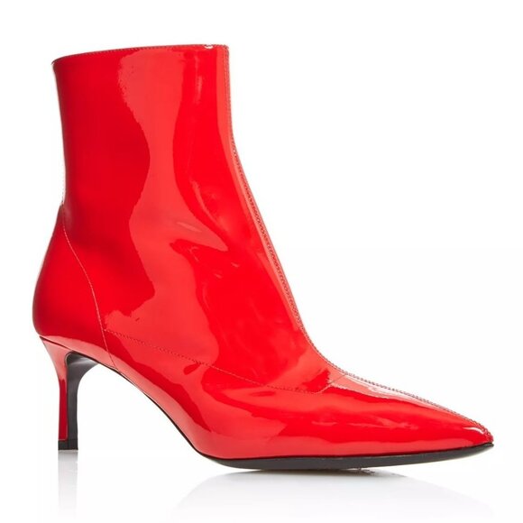 NEW Via Spiga 7 Baronne Pointed Toe Kitten Heel Booties Patent Leather Tango Red - Picture 2 of 9